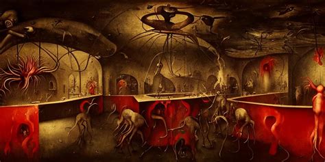 surreal bar interior in hell by hieronymus bosch, | Stable Diffusion