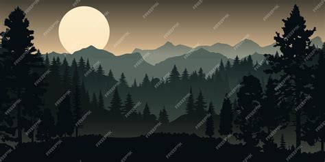 Premium Vector | Majestic mountain range with trees in silhouette against a sunset or sunrise sky