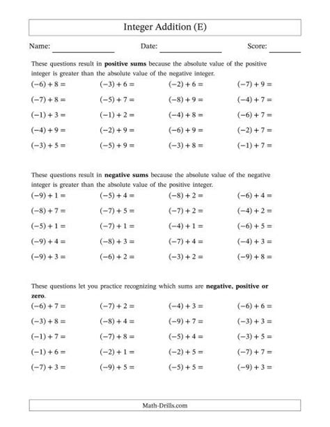 Negative Plus a Positive Integer Addition (Scaffolded) Range 1 to 9 (E)