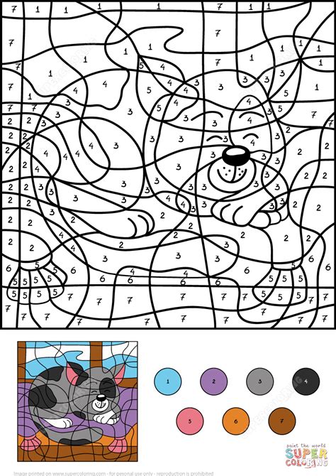 Sleepy Cat Color by Number | Free Printable Coloring Pages