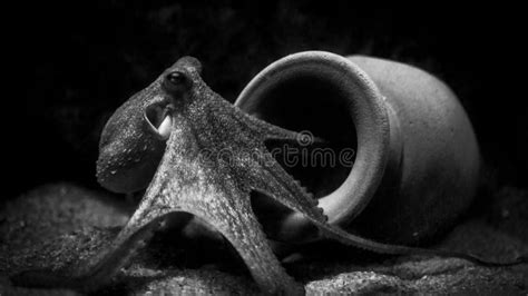 Greyscale Shot of an Octopus on a Jar Inside the Aquarium Stock Image ...