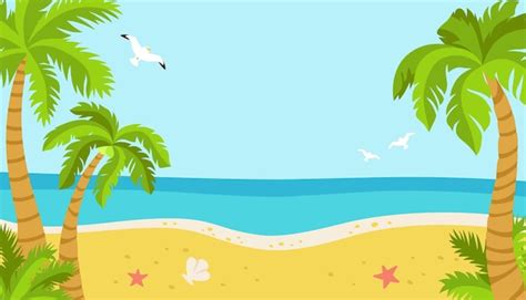 Premium Vector | Tropical beach summer background, Palm trees and seagulls sea sand ocean Island ...