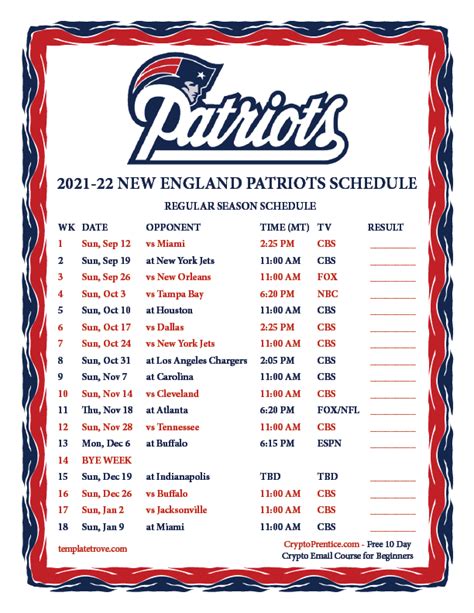 Printable 2021-2022 New England Patriots Schedule