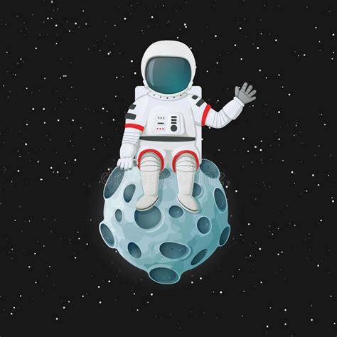 Cartoon astronaut sitting on the Moon waving. Outer space and stars in ...