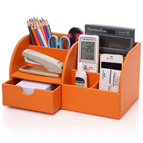 Orange 7 Storage Compartments Multifunctional PU Leather Office Desktop Organizer, Stationery ...