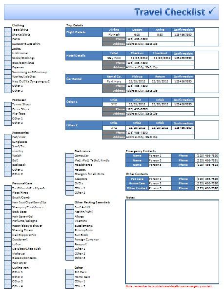 Free Excel Travel Checklist Template Download