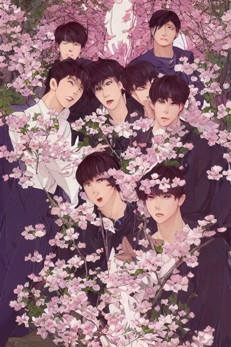 anime cottagecore BTS k-pop band, phone wallpaper. | Stable Diffusion