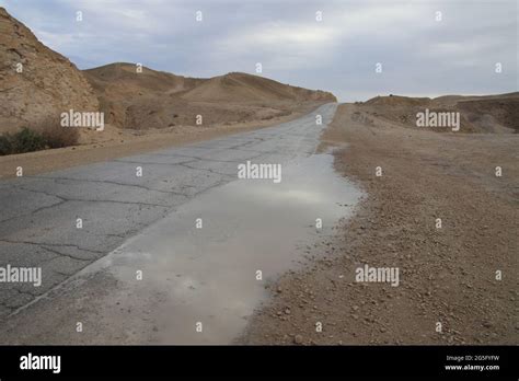 Wet country road, a puddle with reflection and clouds in the sky, the ...