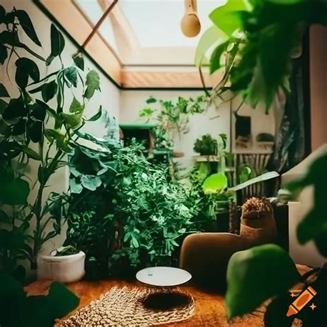 Boho living room with lush plants on Craiyon