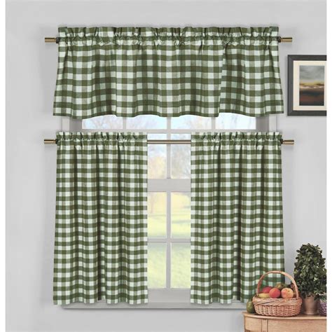 Sage Green 3 Piece Gingham Check Kitchen Window Curtain Set: Plaid, Cotton Rich, 1 Valance, 2 ...
