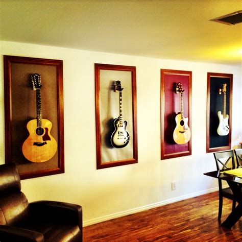 Framed guitars = Long wall decorative solution. Home Music Rooms, Music Room Decor, Music Studio ...