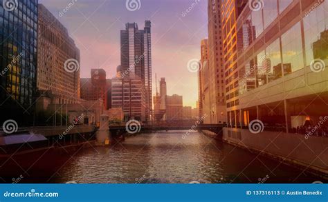 Sunset in Heart of Downtown Chicago Overlooking River Sunset Colors ...