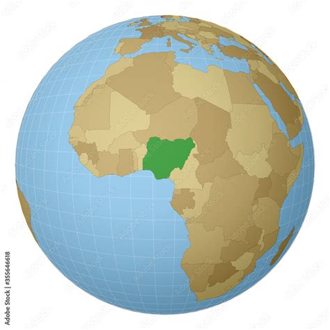 Globe centered to Nigeria. Country highlighted with green color on world map. Satellite ...