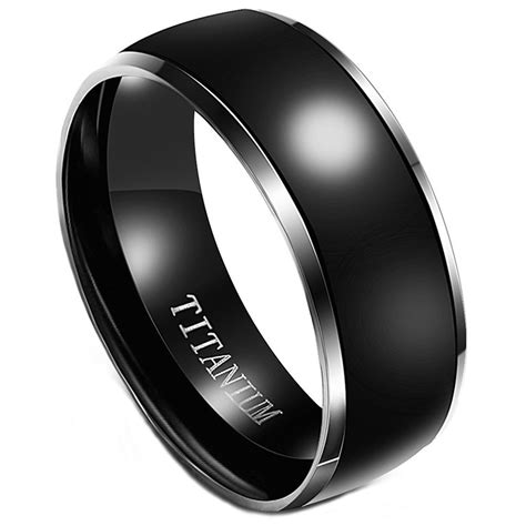 Men's Titanium Wedding Ring 8mm Polished Black and Silver Color Wedding Band, Comfort Fit ...