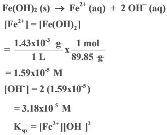 The solubility of iron (II) hydroxide, Fe(OH)2, is 1.43 x10^–3 g/L. Calculate the Ksp for iron ...