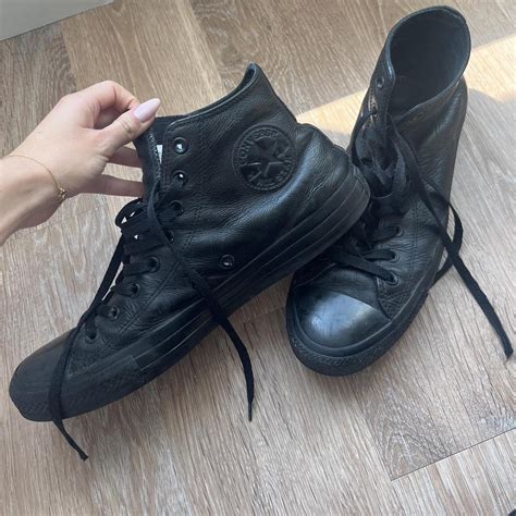 Unisex black leather converse size men’s size... - Depop