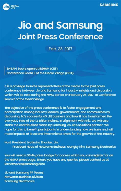 [Invitation] Jio and Samsung Joint Press Conference at MWC 2017 – Samsung Global Newsroom