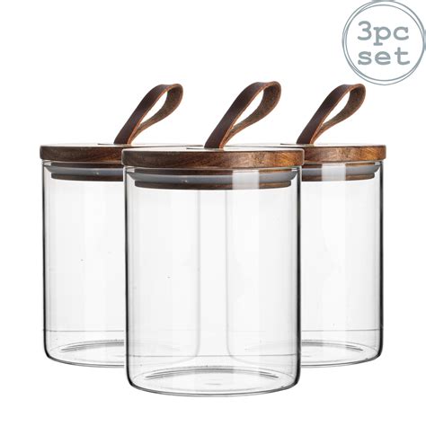 3pc Glass Jar With Wooden Lid Storage Container Airtight 750ml | eBay