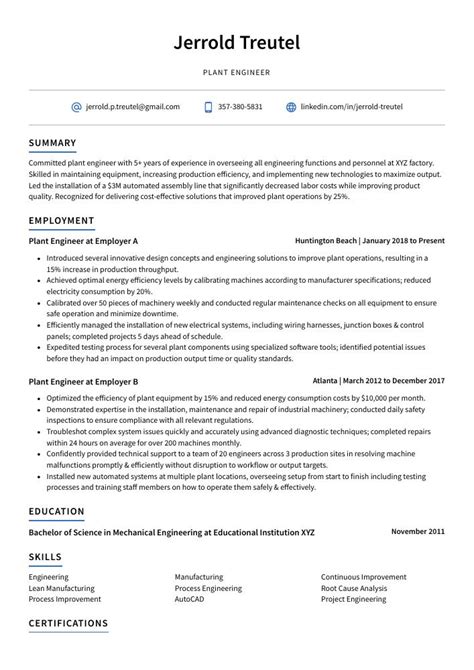 Plant Engineer Resume (CV) Example and Writing Guide