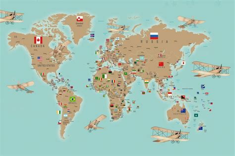 World Map With Flags Kids Wallpaper - Magic Decor