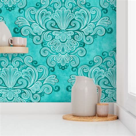 Rococo Damask Turquoise- Peacock -Large Wallpaper | Spoonflower