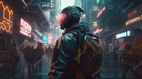 Premium AI Image | Cyberpunk soldier navigates dystopian city digital art illustration Generative AI