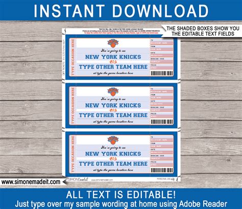 New York Knicks Game Ticket Gift Voucher | Printable Surprise NBA Basketball Tickets