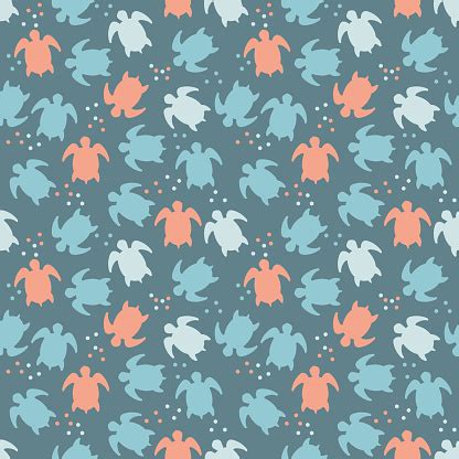 Seamless Pattern With Sea Turtles Stylized Vector Illustration On Blue Animal Ornament For ...