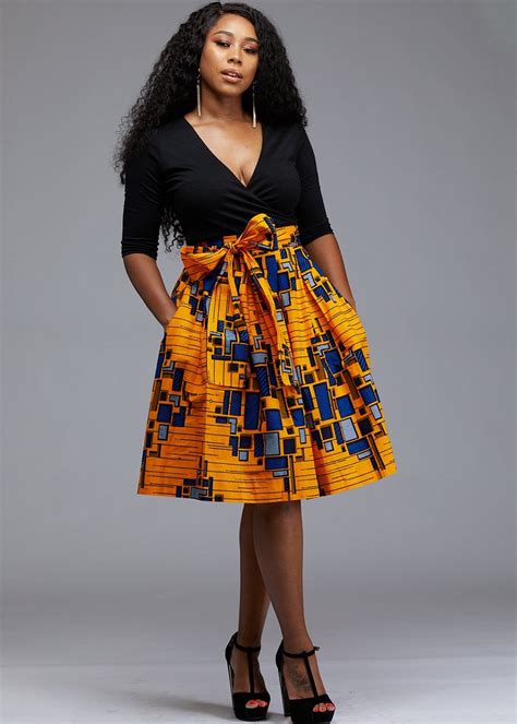 Skirts - Amsa African Print Midi Skirt With Sash (Yellow/Blue) | Tenue jupe et haut, Vetement ...