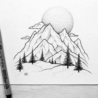 Mountain sunsets over hike | Drawings, Mountain wall painting, Stippling art