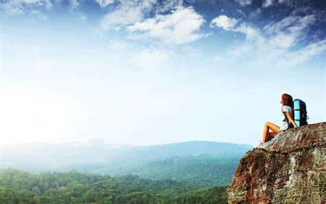 3840x2160 resolution | photo of woman wearing grey shirt and backpack sitting on cliff HD ...