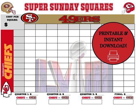 Printable Super Bowl Squares Classic 100 Numbers, Squares Game Instant ...