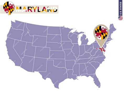 Premium Vector | Maryland state on usa map. maryland flag and map. us states.