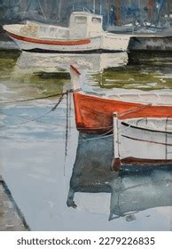 Watercolor Painting Boats Reflecting Sea Stock Illustration 2279226835 ...