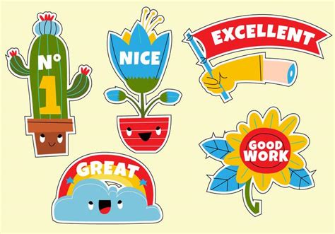 Funny Cute Cartoon Teacher's Reward Sticker Set vector Illustration ...