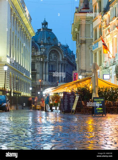 Bucharest old town architecture night view. Romania Stock Photo - Alamy