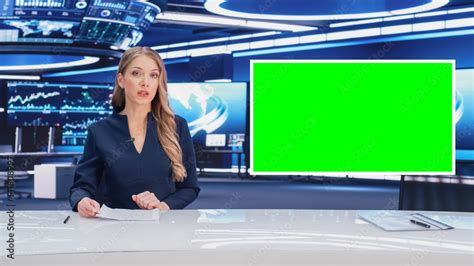 Newsroom TV Studio Live News Program: Caucasian Female Presenter Reporting, Green Screen Chroma ...