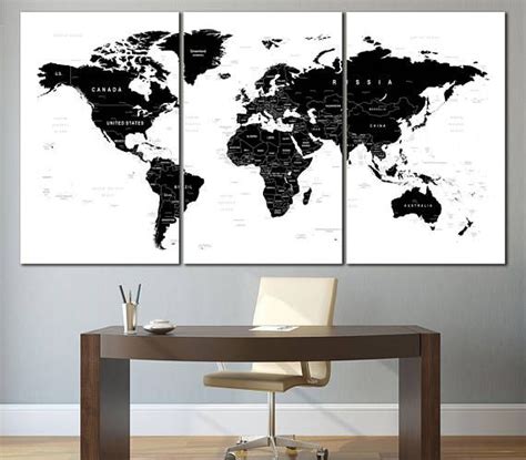 Large black and white world map wall art with countries names | Map wall art, World map wall art ...