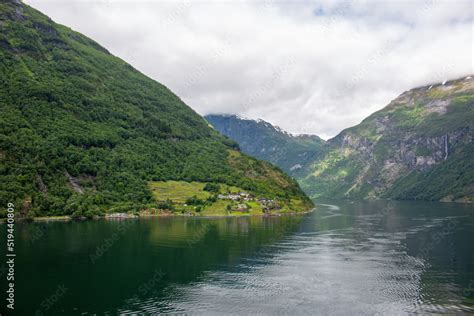 Landscape view near Geiranger fjords near Geiranger town from harbor ...