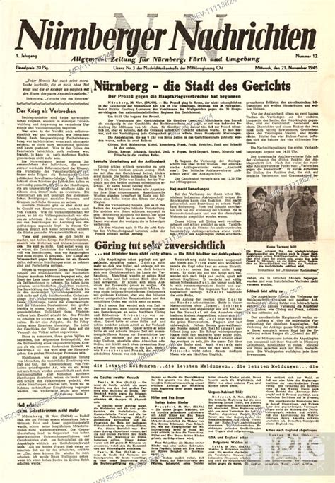 1945 Nurnberger Nachrichten front page reporting Nurnberg to host war crimes trials, Stock Photo ...