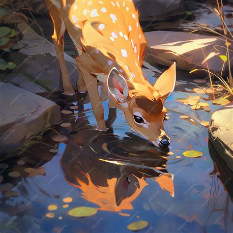 Premium AI Image | A painting of a deer drinking water from a pond.