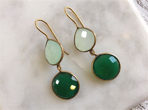 Green Gemstone Dangle Earring- Long Double Drop Earring- Light Green and Dark Green Onyx Earring ...