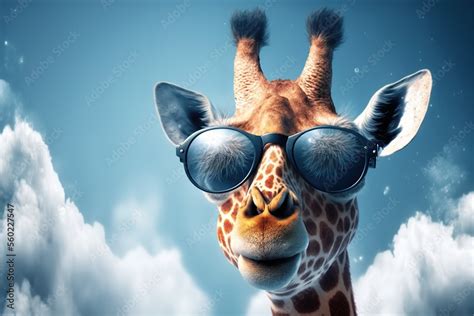 a giraffe wearing sunglasses and a sky background with clouds and stars ...