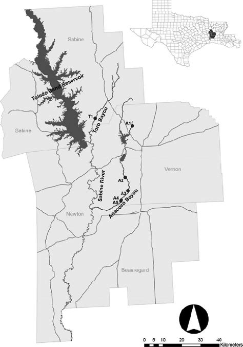 Map of the study sites in the lower Sabine River basin. Solid circles... | Download Scientific ...