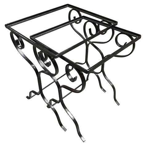 Midcentury Scrolling Iron Patio Nesting Side Tables with Glass Tops, Set of 3 For Sale at 1stDibs
