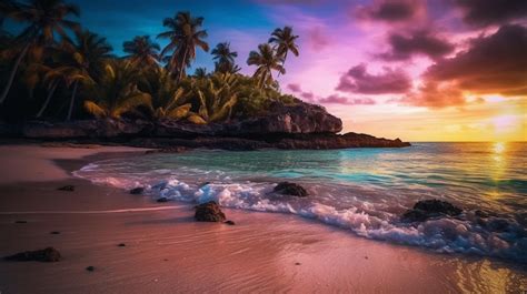 Premium AI Image | A beach with palm trees and a pink sky