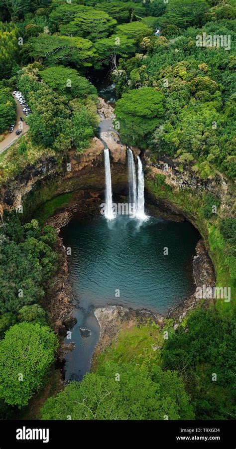 Aerial view of Wailua Falls on the Hawaiian Island of Kauai Stock Photo ...