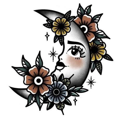 Traditional Moon Tattoo with Floral Design