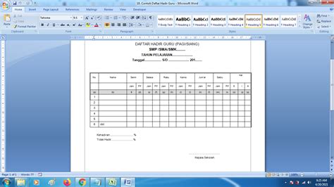 Format Terbaru Contoh Absensi Daftar Hadir dan Pulang Guru dan Tenaga Kependidikan - massalam.com