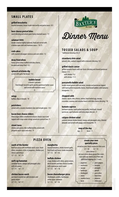 Baxter's Bar & Grill menu in Baxter, Minnesota, USA